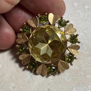 Vintage Avon Green Rhinestone Heart Leaf Brooch/Pendant, 1.25"